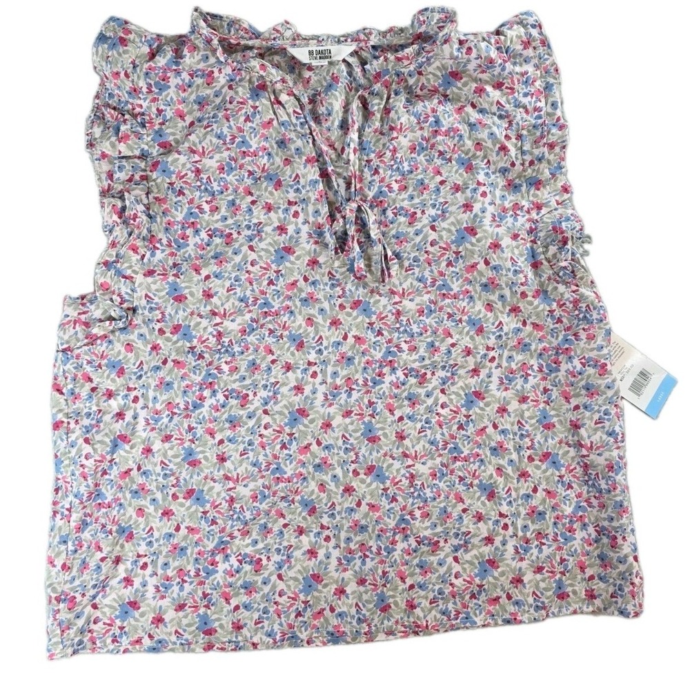 BB Dakota Steve Madden Women Large Pink‎ Blue Ditsy Floral Flutter Sleeve Blouse